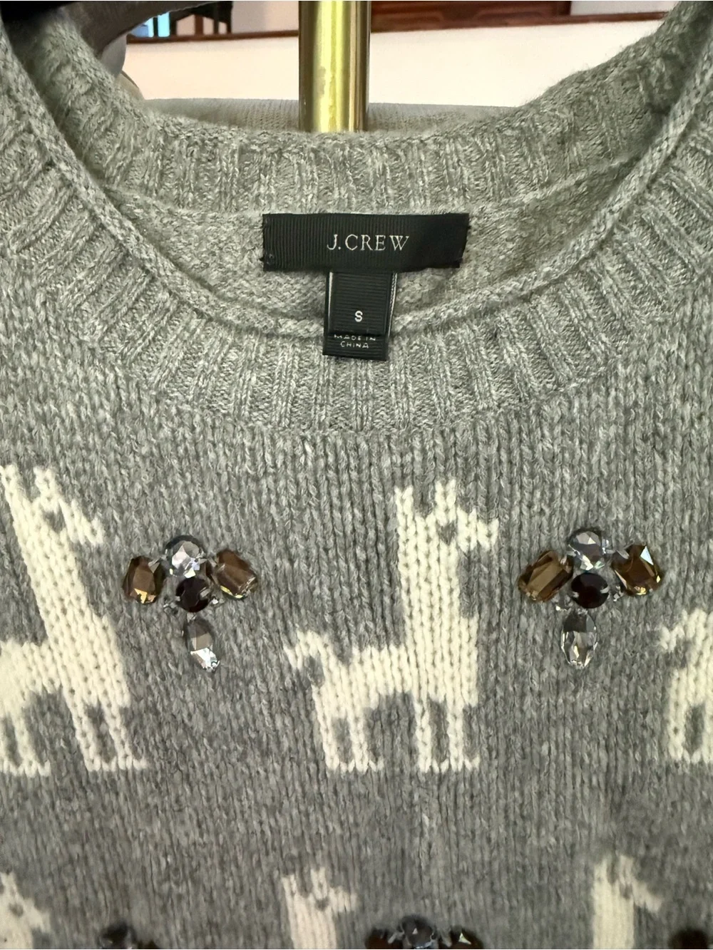 J. Crew Gray Crewneck Sweater with White Llama Motifs and Jewel Accents
